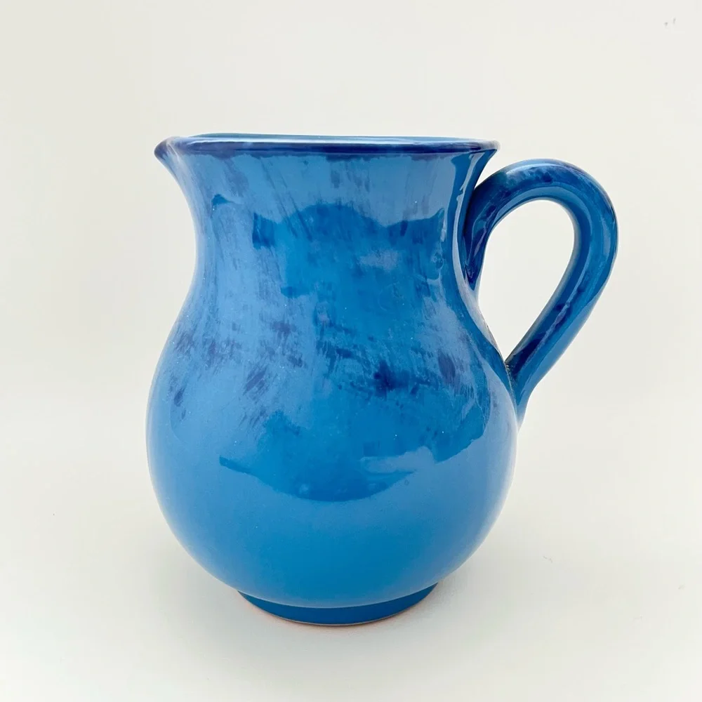 Vintage Handmade Blue Ceramic Pitcher from Italy Farmhouse Countryside Cottage
